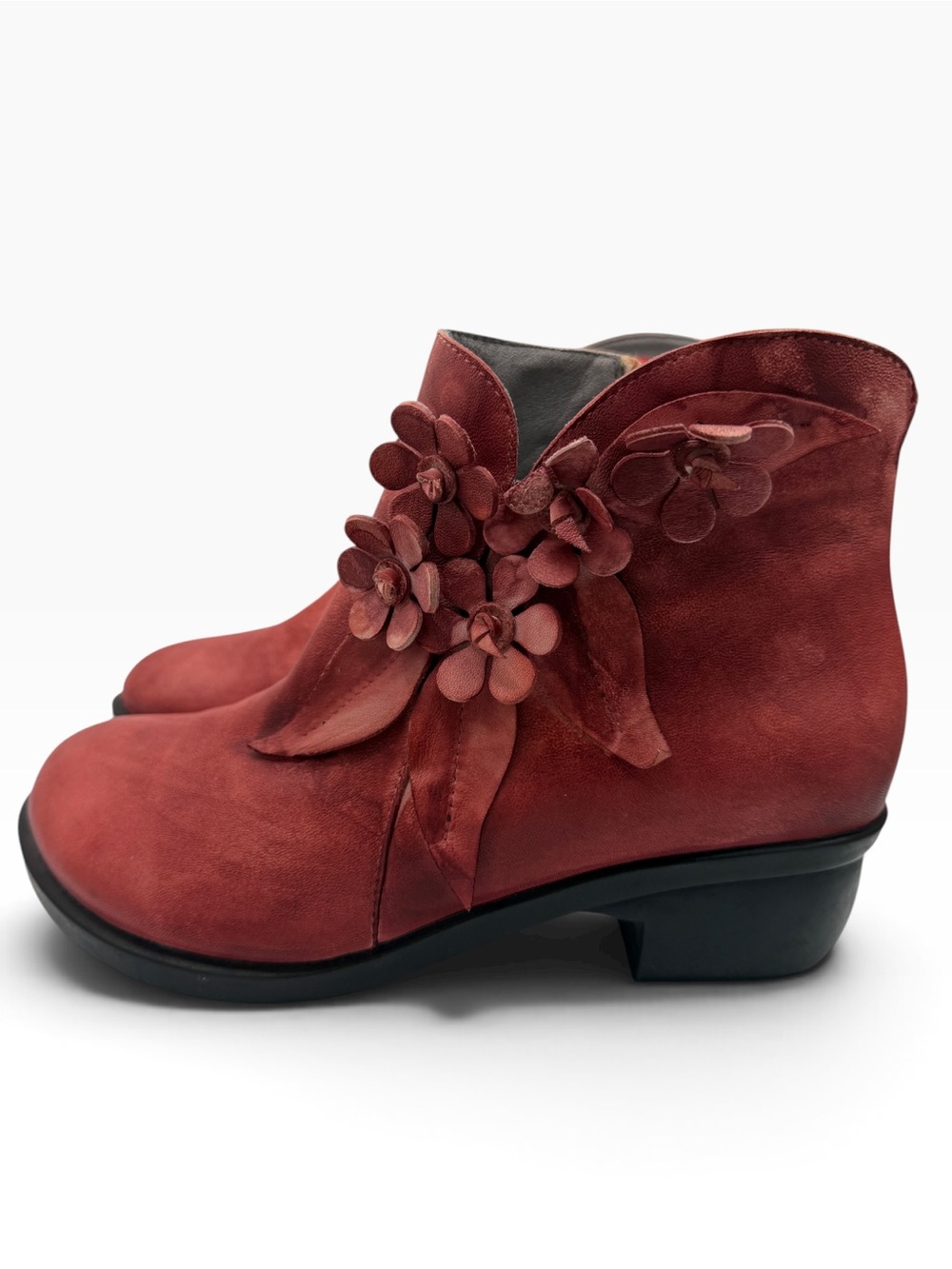 Women's Red Suede Floral Applique Ankle Booties - Size 40